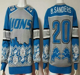 Men's Detroit Lions #20 Barry Sanders Gray With Blue NFL Sweater
