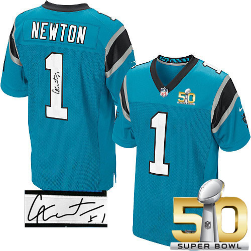 Nike Panthers #1 Cam Newton Blue Alternate Super Bowl 50 Men's Stitched NFL Elite Autographed Jersey