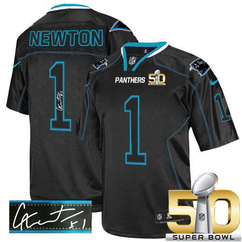 Nike Panthers #1 Cam Newton Lights Out Black Super Bowl 50 Men's Stitched NFL Elite Autographed Jersey