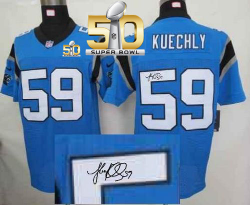 Nike Panthers #59 Luke Kuechly Blue Alternate Super Bowl 50 Men's Stitched NFL Elite Autographed Jersey