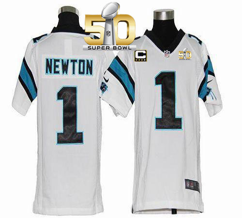 Nike Panthers #1 Cam Newton White With C Patch Super Bowl 50 Youth Stitched NFL Elite Jersey