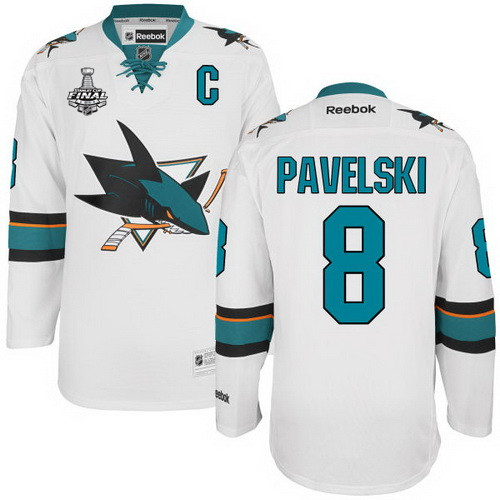 Men's San Jose Sharks #8 Joe Pavelski White 2016 Stanley Cup Away NHL Finals C Patch Jersey