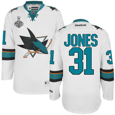 Men's San Jose Sharks #31 Martin Jones White 2016 Stanley Cup Away NHL Finals Patch Jersey