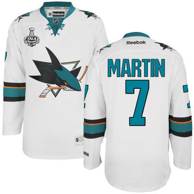 Men's San Jose Sharks #7 Paul Martin White 2016 Stanley Cup Away NHL Finals Patch Jersey