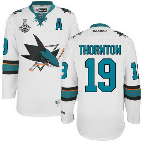 Men's San Jose Sharks #19 Joe Thornton White 2016 Stanley Cup Away NHL Finals A Patch Jersey