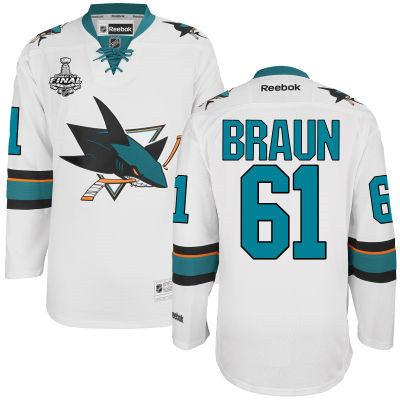 Men's San Jose Sharks #61 Justin Braun White 2016 Stanley Cup Away NHL Finals Patch Jersey
