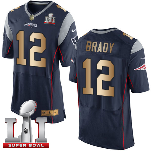 Nike Patriots #12 Tom Brady Navy Blue Team Color Super Bowl LI 51 Men's Stitched NFL New Elite Gold Jersey