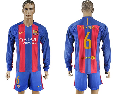 2016-17 Barcelona #6 ALEIX VIDAL Home Soccer Men's Blue and Red Long Sleeve Shirt Kit