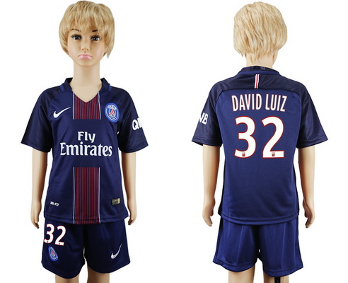 2016-17 Paris St-Germain #32 DAVID LUIZ Home Soccer Youth Navy Blue Shirt Kit