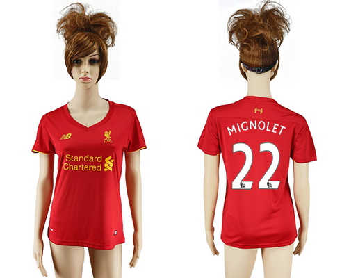 2016-17 Liverpool #22 MIGNOLET Home Soccer Women's Red AAA+ Shirt