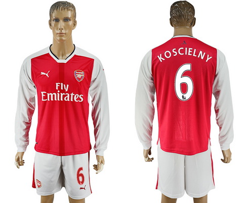 2016-17 Arsenal #6 KOSCIELNY Home Soccer Men's Red Long Sleeve Shirt Kit