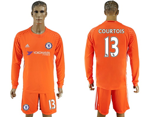 2016-17 Chelsea #13 COURTOIS Goalkeeper Soccer Men's Orange Long Sleeve Shirt Kit