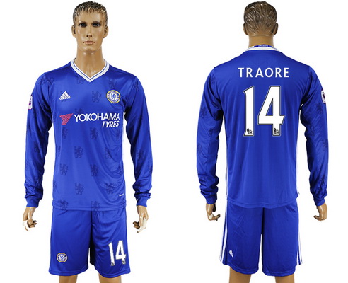 2016-17 Chelsea #14 TRAORE Home Soccer Men's Blue Long Sleeve Shirt Kit