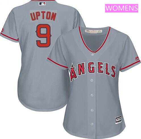 Women's LA Angels of Anaheim #9 Justin Upton Gray Road Stitched MLB Majestic Cool Base Jersey
