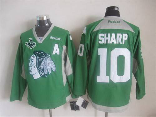 Men's Chicago Blackhawks #10 Patrick 2015 Stanley Cup Sharp 2014 St. Patrick's Day Green Practice Jersey