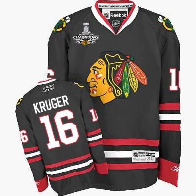 Men's Chicago Blackhawks #16 Marcus Kruger Black Third Jersey W/2015 Stanley Cup Champion Patch