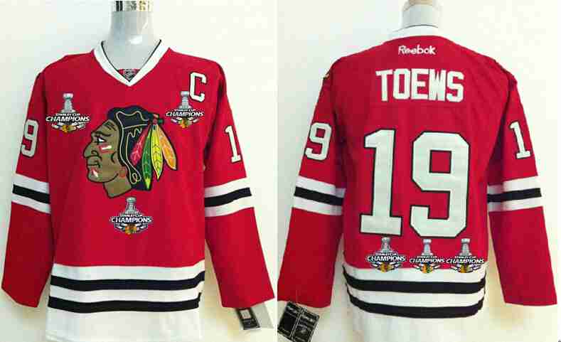 Men's Chicago Blackhawks #19 Jonathan Toews Red Treble Champions Jersey WThree Stanley Cup Champions Patches