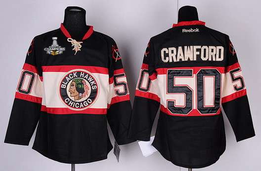 Men's Chicago Blackhawks #50 Corey Crawford Premier Black New Third NHL Jersey W/2015 Stanley Cup Champion Patch