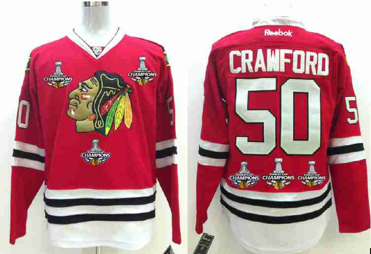 Men's Chicago Blackhawks #50 Corey Crawford Red Treble Champions Jersey WThree Stanley Cup Champions Patches