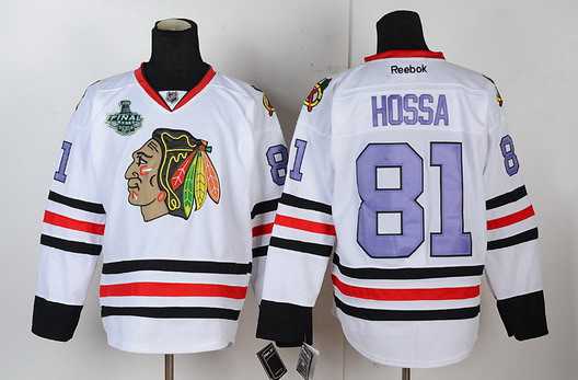 Men's Chicago Blackhawks #81 Marian Hossa 2015 Stanley Cup White With Purple Jersey